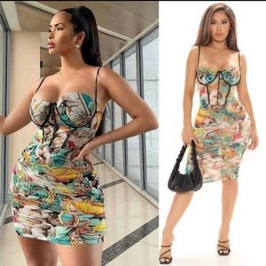 Fashion Nova, baroque print, mesh dress, great fitting bustier, size M